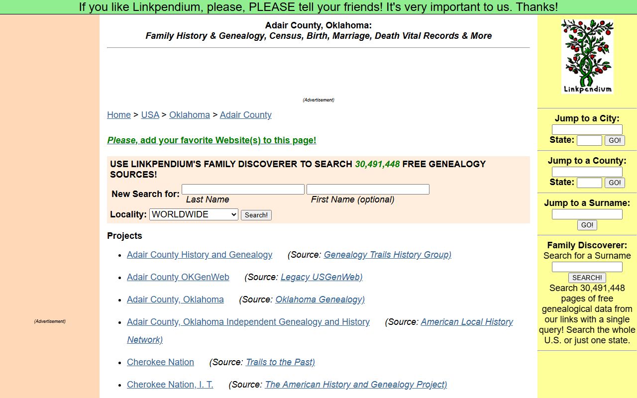 Adair County genealogy records on Linkpendium