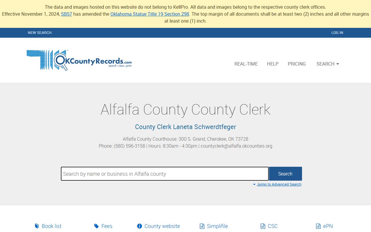 Alfalfa County genealogy records land search portal