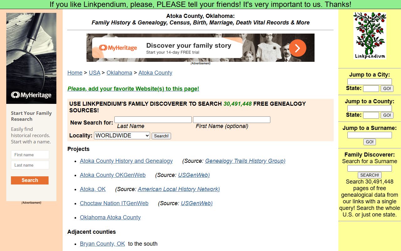 Atoka County genealogy records on Linkpendium