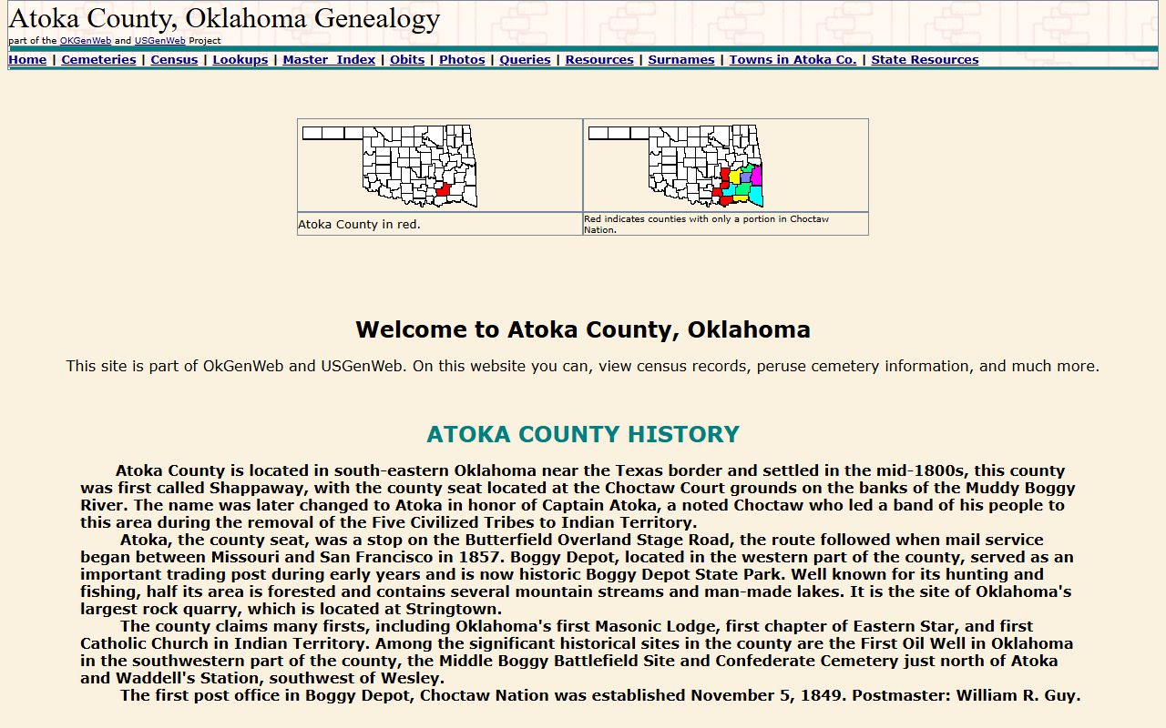 Atoka County genealogy records on OKGenWeb