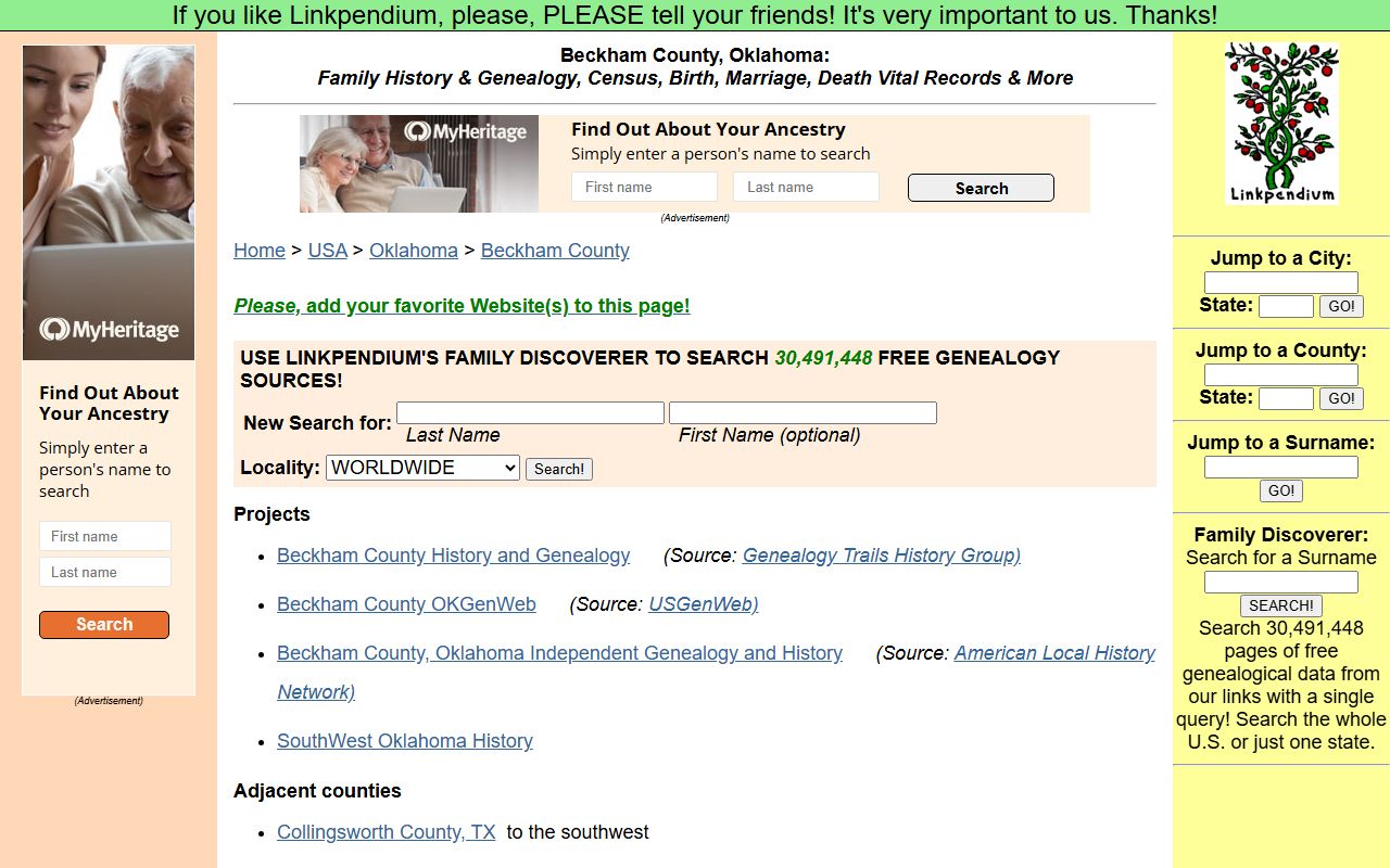 Beckham County genealogy records on Linkpendium
