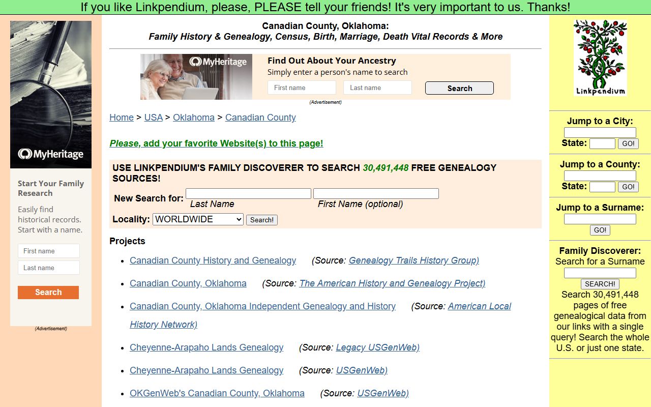 Canadian County Linkpendium genealogy records directory