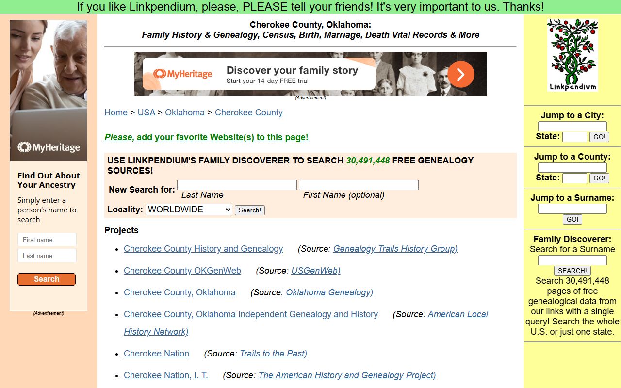 Cherokee County Linkpendium genealogy records directory
