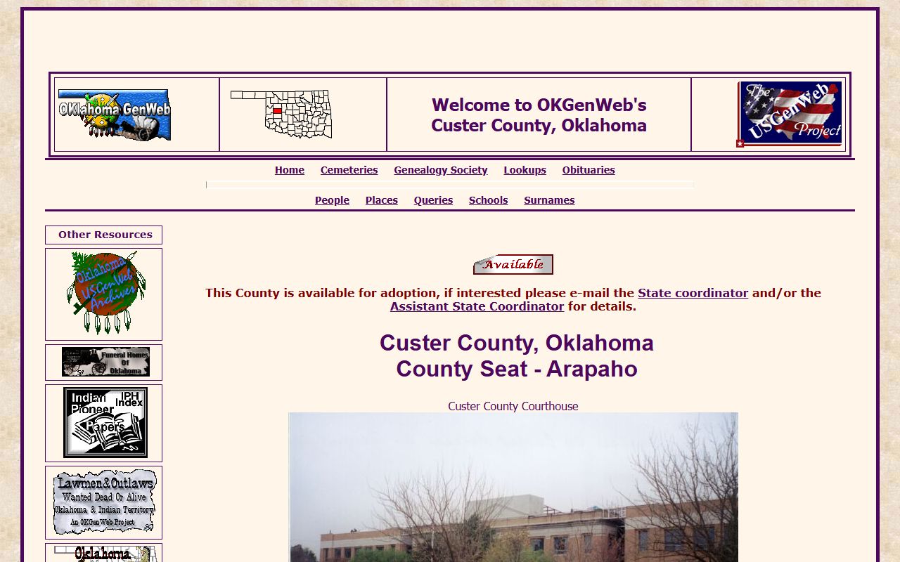 Custer County OKGenWeb genealogy records page