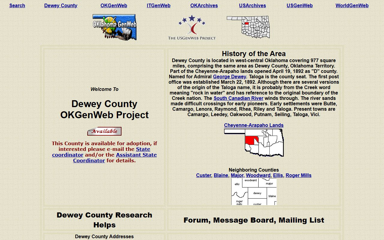 Dewey County genealogy records on OKGenWeb