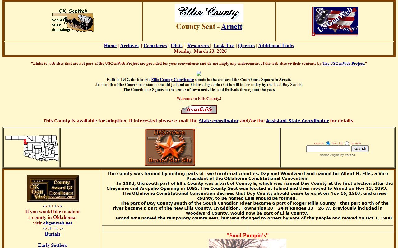 Ellis County Oklahoma genealogy records OKGenWeb page