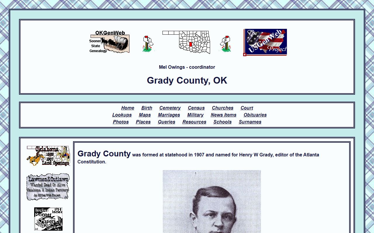Grady County Oklahoma genealogy records OKGenWeb page