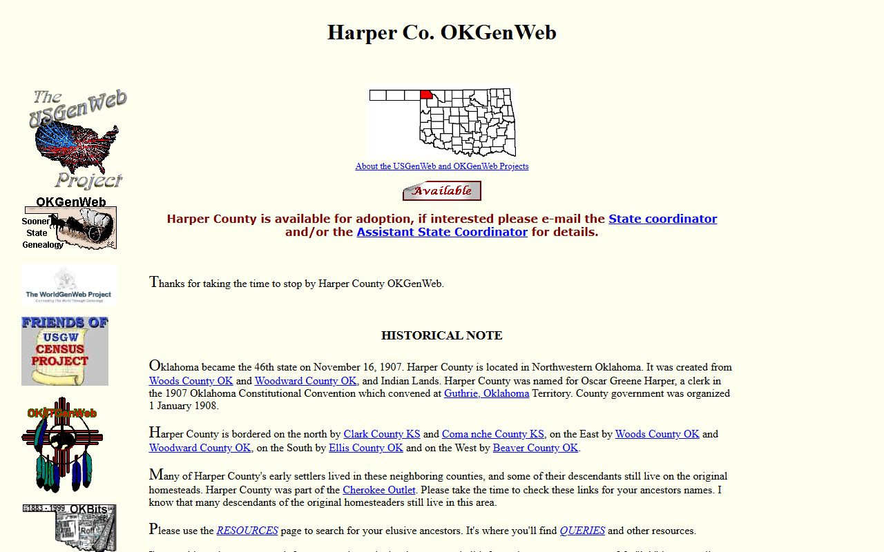 Harper County genealogy records on OKGenWeb