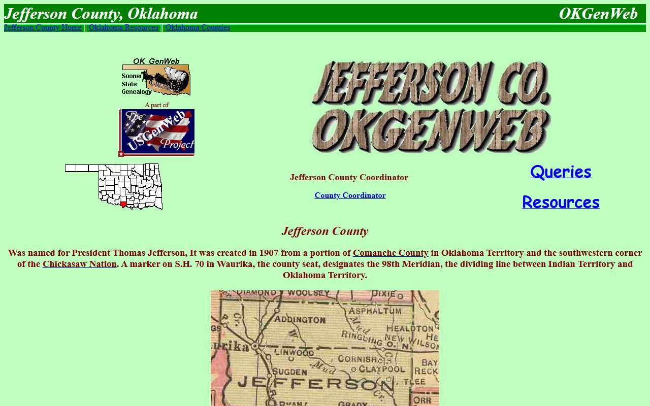Jefferson County OKGenWeb genealogy page