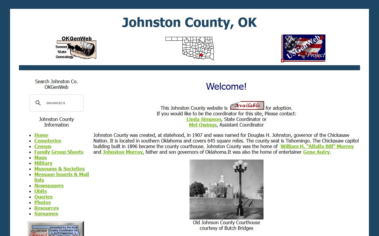 Johnston County OKGenWeb genealogy records page