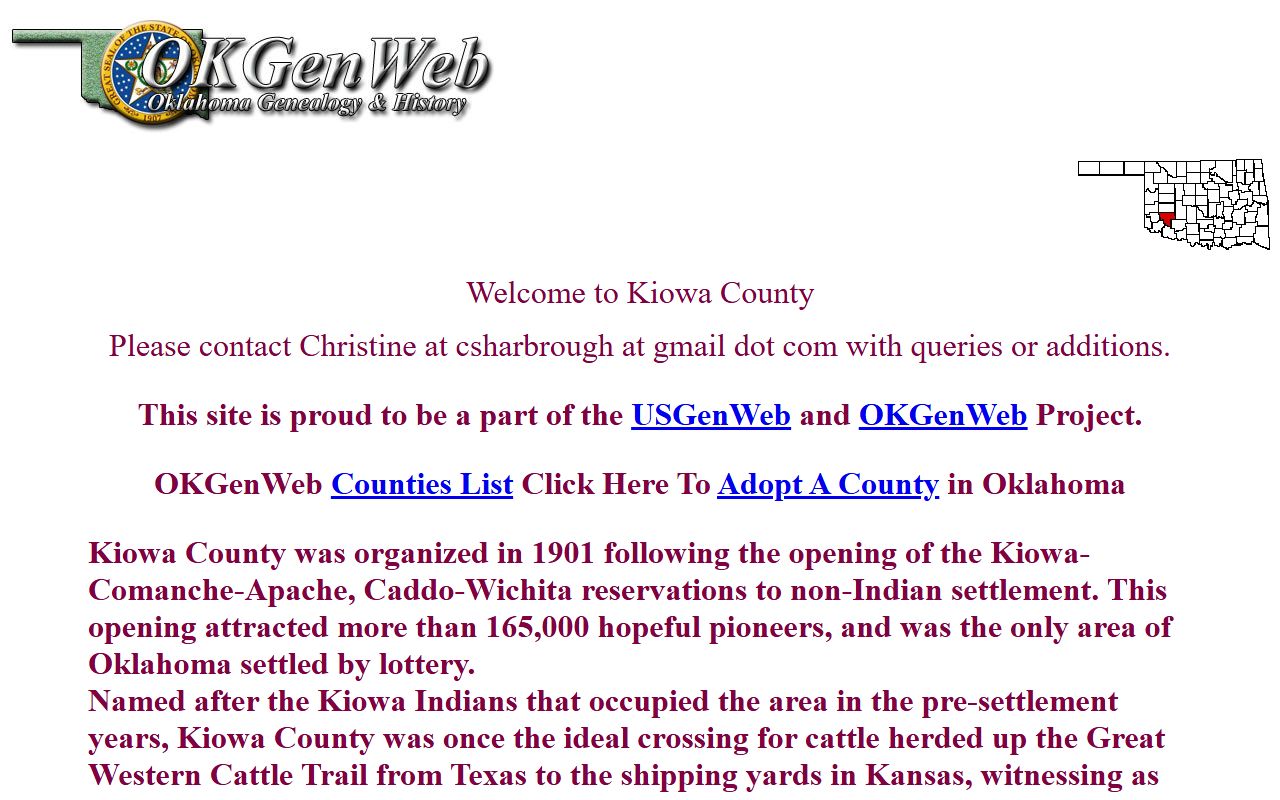 Kiowa County OKGenWeb genealogy page
