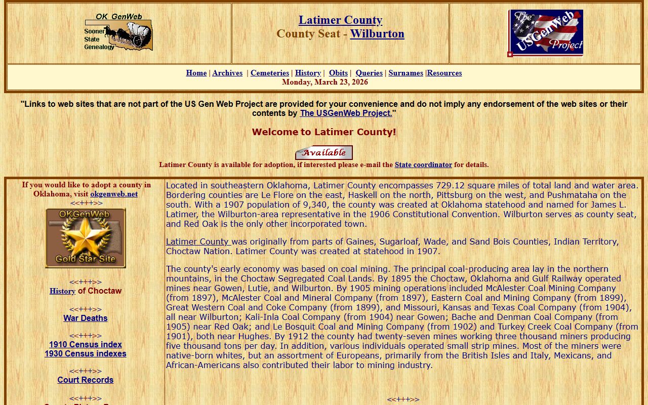 Latimer County genealogy records on OKGenWeb