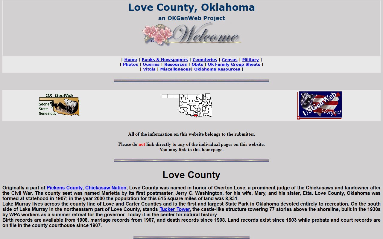 Love County genealogy records on OKGenWeb portal