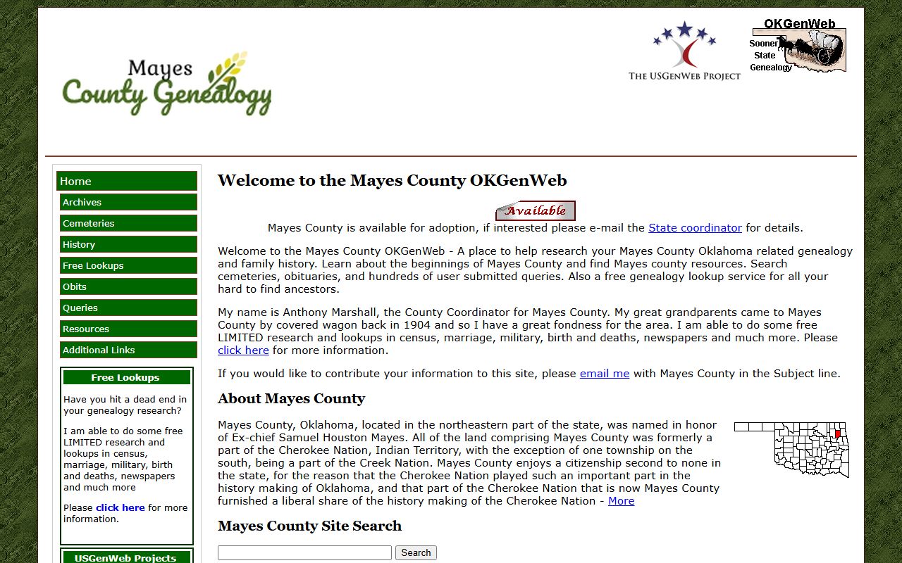 Mayes County genealogy records on OKGenWeb