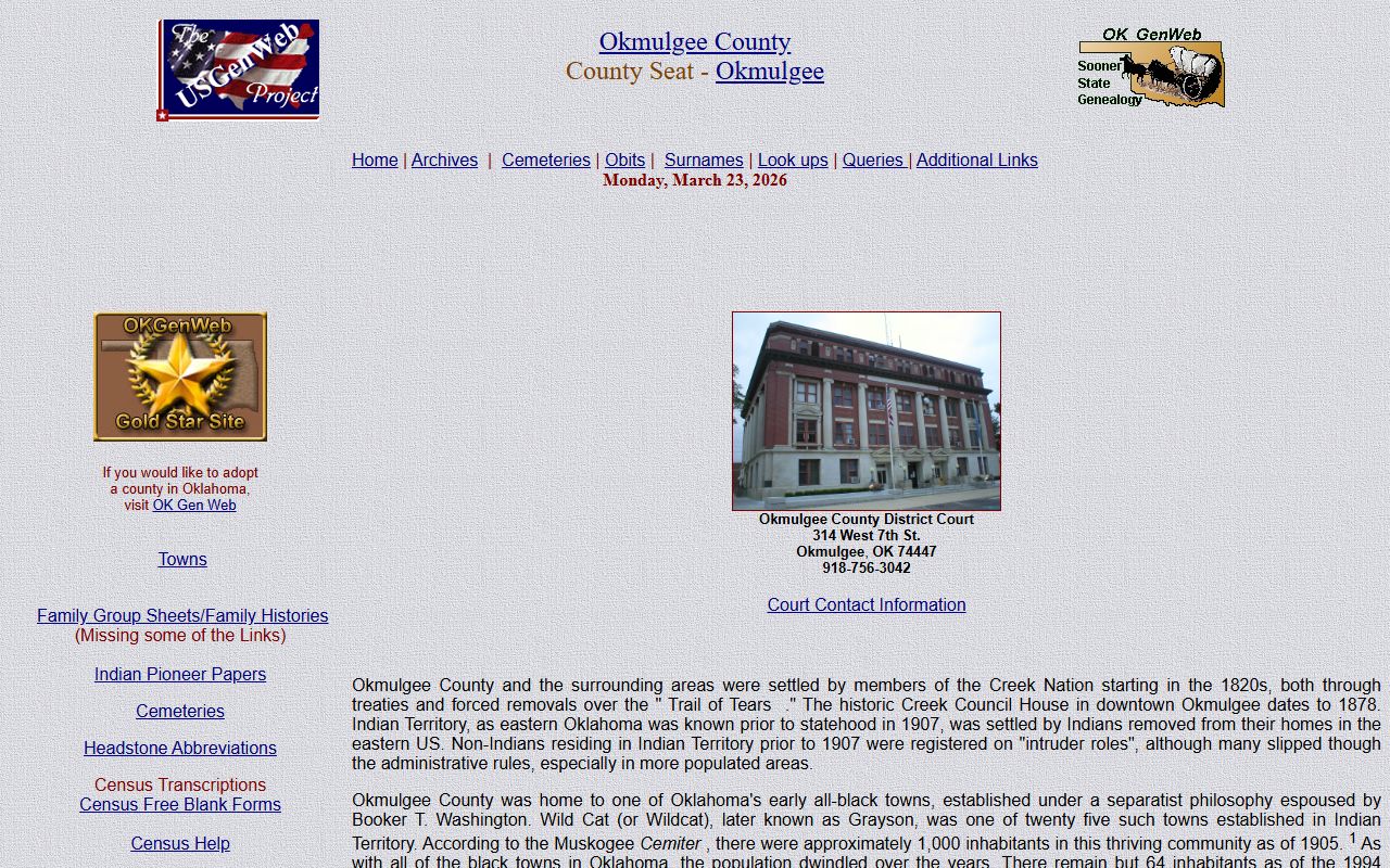Okmulgee County OKGenWeb genealogy records portal
