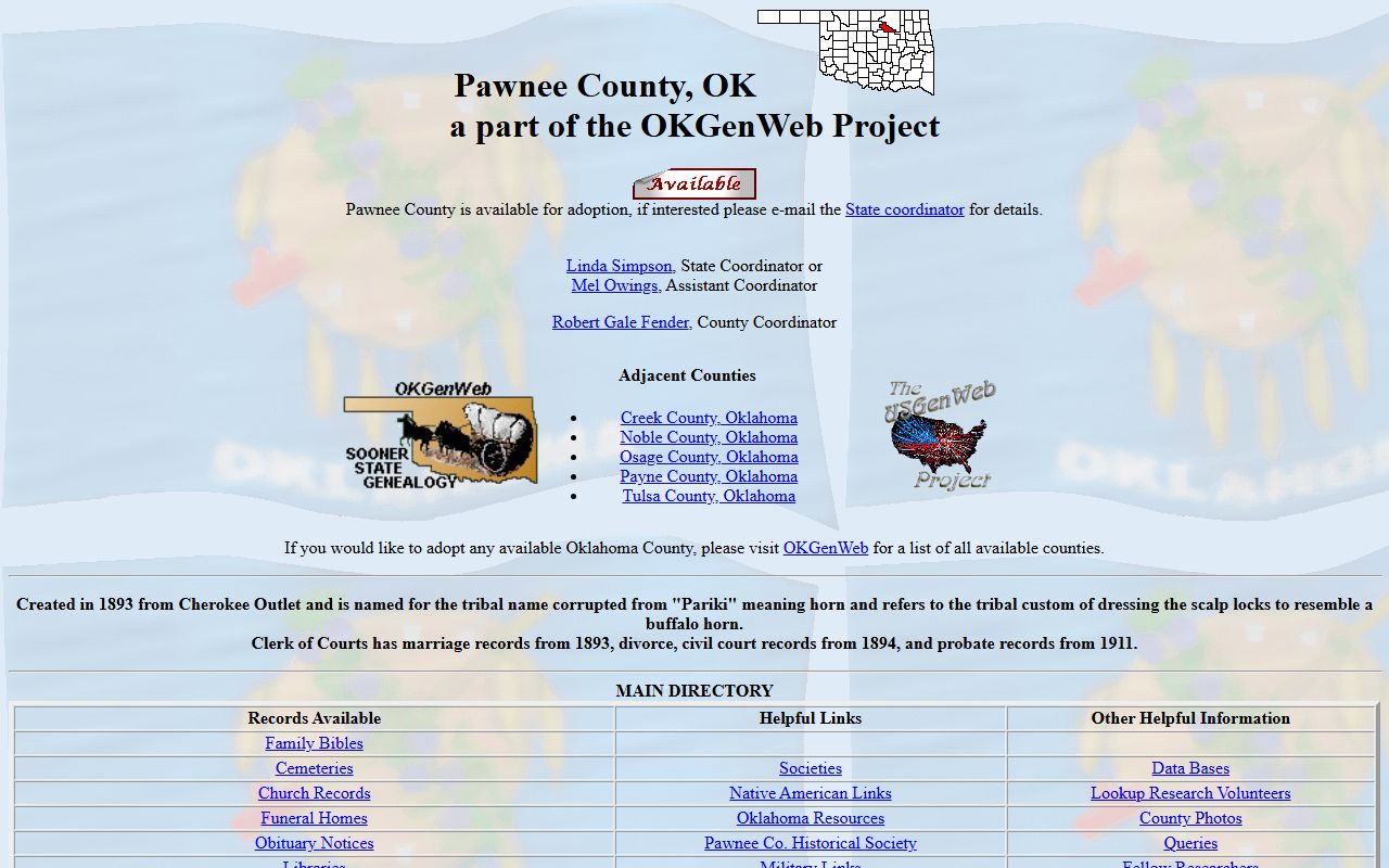 Pawnee County genealogy records on OKGenWeb