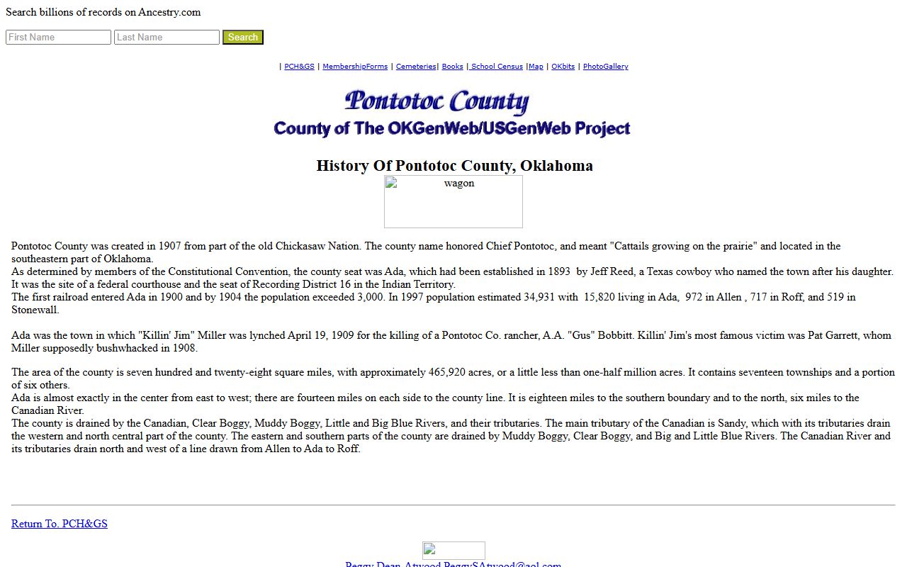 OKGenWeb Pontotoc County genealogy records page