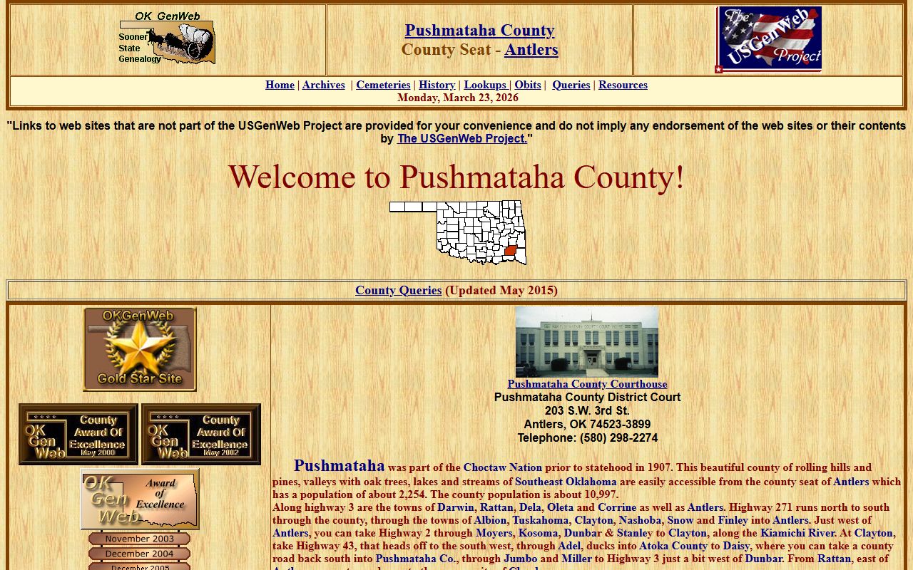 OKGenWeb Pushmataha County genealogy records page
