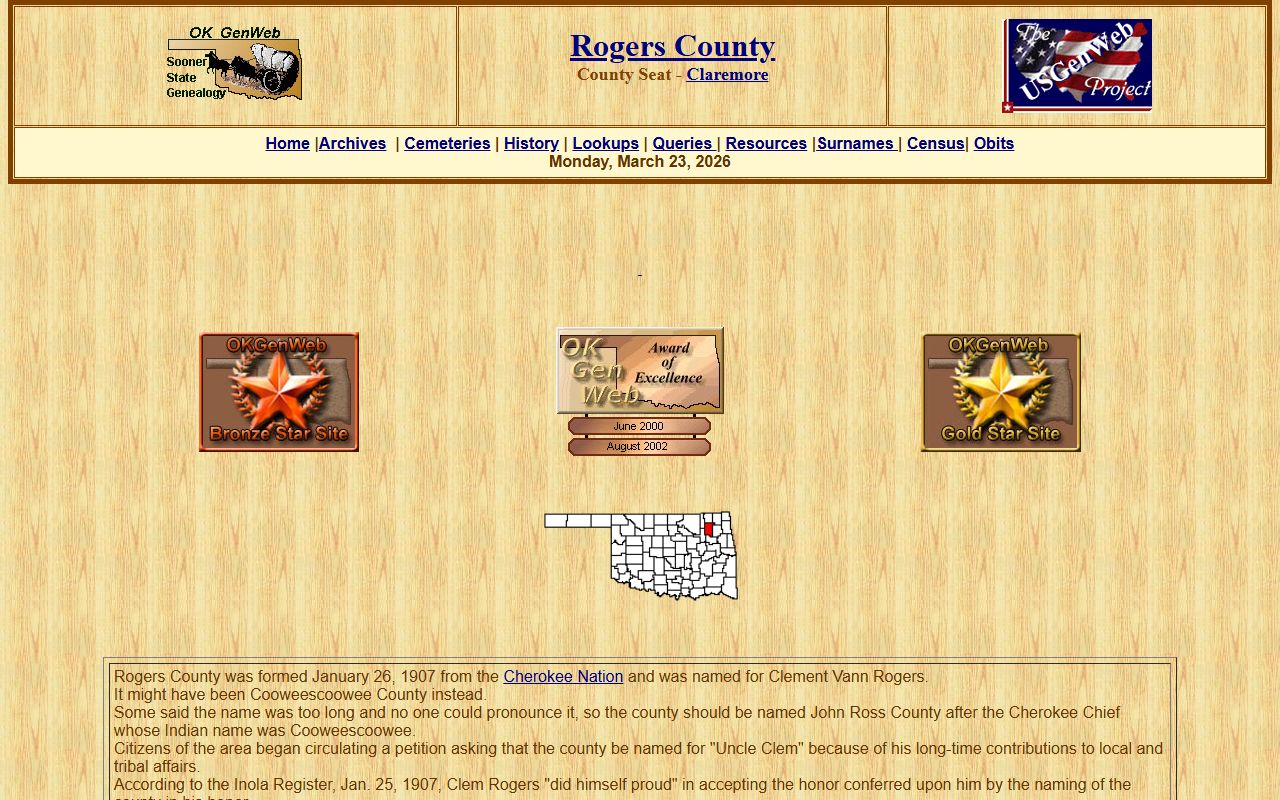 OKGenWeb Rogers County genealogy records page