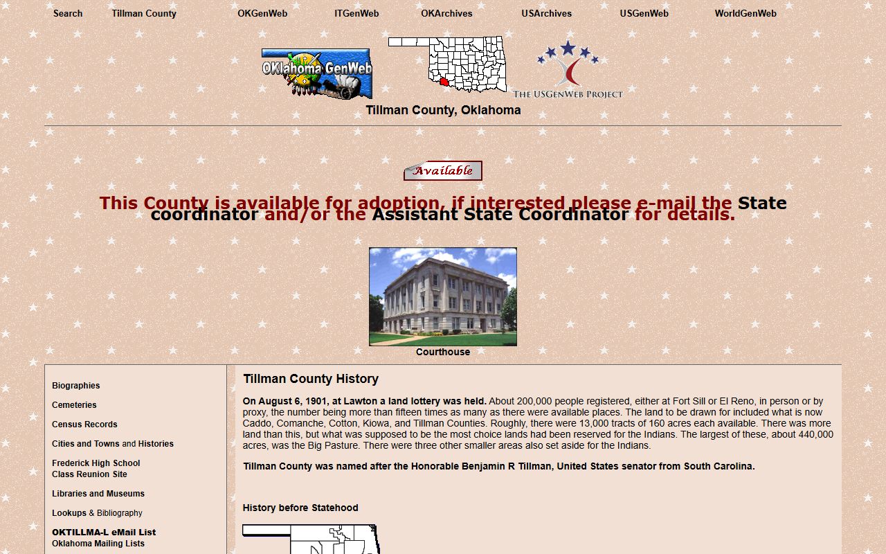 Tillman County genealogy records on OKGenWeb