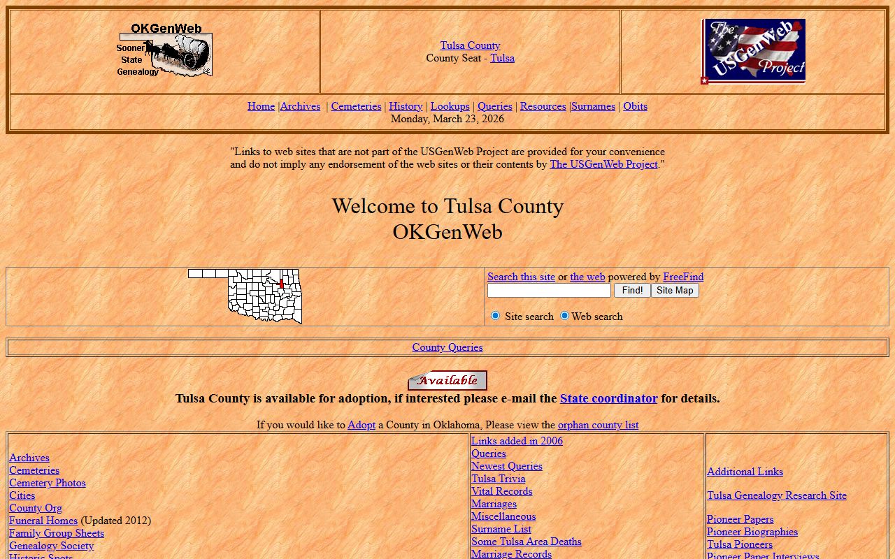 Tulsa County genealogy records on OKGenWeb