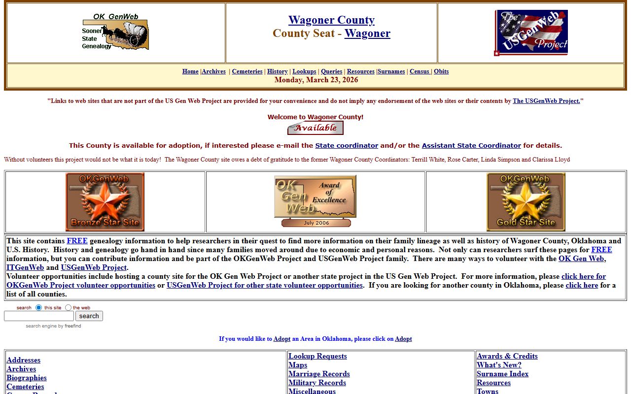 Wagoner County OKGenWeb genealogy records