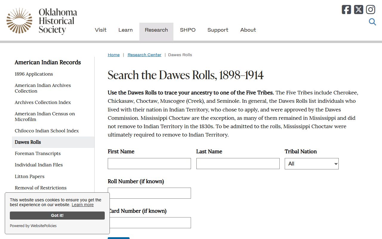 Dawes Rolls Oklahoma genealogy tribal records